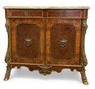 A vintage Louis XIV style walnut and kingwood sideboard or buffet with lobed marble top over the two