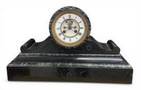 A 19th century marble mantel clock with an eight day movement, brass and enamelled dial and Roman