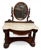 A 19th century mahogany dressing table with oval swing vanity mirror over the lobed white marble top