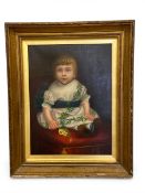 A 19th century oil portrait of a seated child in a gilt gesso frame. H.82 W.66cm