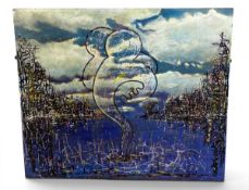 A large contemporary abstract Surrealist style oil and mixed media painting on board titled '