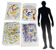 Four contemporary abstract Modernist street art style mixed media painting on canvas-laid-board by