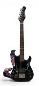 A vintage hand signed Encore electric guitar after Bob Dylan and Ronnie Wood with Union Jack strap