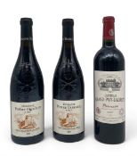 A vintage 750ml 2007 bottle of Château Grand-Puy-Lacoste red wine together with two bottles of
