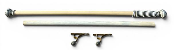 A large vintage painted and distressed curtain pole together with one other and the matching brass
