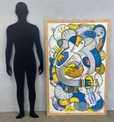 A large contemporary abstract Modernist street art style mixed media painting on canvas-laid-board