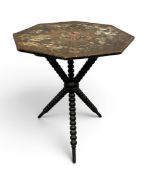 A late 19th century gypsy occasional table with hand painted, floral octagonal top raised on three