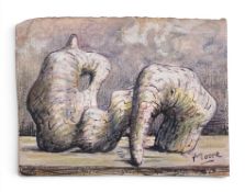 After Henry Moore (1898-1986), a mixed media ink, pastel and white paint abstract modernist sketch