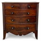 A 19th century mahogany bow-front chest of two short over three long figured drawers above the