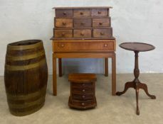 A mixed lot to include a 19th century coopered barrel stick stand together with a mid-century