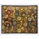 A large contemporary oil and gold leaf painting on stretched linen titled 'Seeking the Text' 1994 by