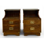 A pair of military campaign style brass bound yewwood bedside cabinets with carrying handles. H.58