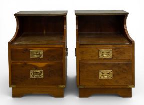 A pair of military campaign style brass bound yewwood bedside cabinets with carrying handles. H.58