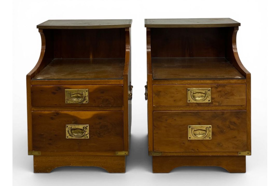 A pair of military campaign style brass bound yewwood bedside cabinets with carrying handles. H.58 - Image 1 of 3