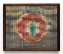 A large silk warp and weft Ikat textile artwork titled 'Retinal Shift' 1998 by Polly Barton.