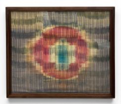 A large silk warp and weft Ikat textile artwork titled 'Retinal Shift' 1998 by Polly Barton.