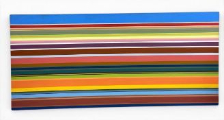A large unframed oil on canvas in the manner of Bridget Riley, a composition of horizontal
