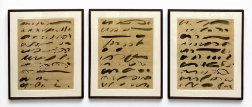 A contemporary sepia ink triptych on blueprint paper titled 'Rescue, Part I', 'Rescue, Part II'