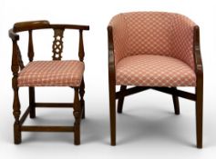 A corner chair in the country oak antique style and a modern tub chair. H.77 W.56 D.51cm