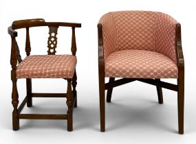 A corner chair in the country oak antique style and a modern tub chair. H.77 W.56 D.51cm