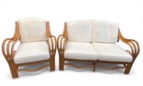 A retro styled bentwood conservatory sofa and armchair set by Angraves with maker's plaque. H.85 W.