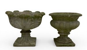 A composite stone garden planter of campana form and a concrete acanthus leaf similar. H.43 W.