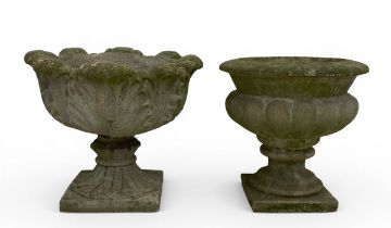 A composite stone garden planter of campana form and a concrete acanthus leaf similar. H.43 W.