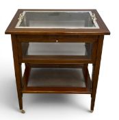 A vintage mahogany vitrine with removable glazed metal tray top over the glazed display section with