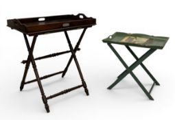 A 19th century style mahogany butler's tray on stand and a similar green painted example.