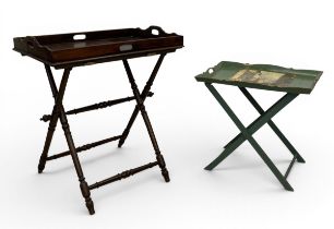 A 19th century style mahogany butler's tray on stand and a similar green painted example.