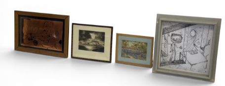 A vintage engraved copper Surrealist still life together with a signed landscape photograph, a ink