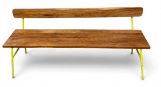 A retro industrial style bench with teak back and seat on tubular metal frame. H.75 W.165 D.50cm