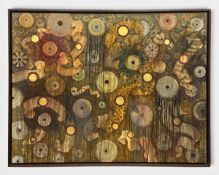 A large contemporary oil and gold leaf painting on stretched linen titled 'Seeking the Text' 1994 by