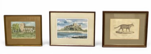 A mixed lot to include a contemporary signed watercolour painting of a village church together