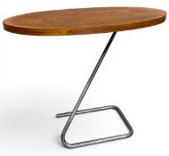 A vintage scratch built console table with oval teak top raised on a bent chrome base. H.80 W.161