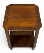 A mid century Art Deco style walnut and crossbanded work table with lift up top revealing a fitted