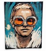 A large contemporary live speed acrylic portrait painting on canvas of Elton John by Dave Sharp.
