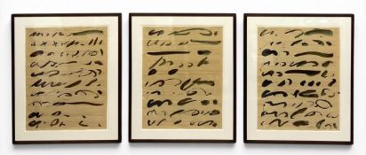 A contemporary sepia ink triptych on blueprint paper titled 'Rescue, Part I', 'Rescue, Part II'