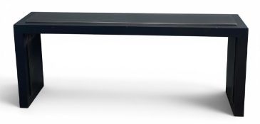 A large contemporary ebonised console table with inset metal top. H.80 W.201 D.45cm