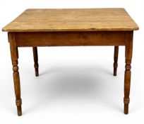 A 19th century pine kitchen table fitted with frieze drawer on turned tapering supports. H.73 W.99