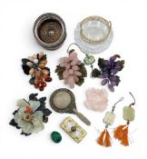 A mixed lot to include a Chinese carved rose quartz lotus leaf dish together with three carved