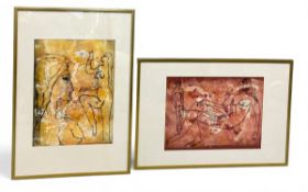 Two 1970s Modernist style signed figural ink and acrylic paintings by John Nicoll. Both framed and