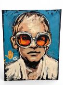 A large signed contemporary live speed acrylic portrait painting on canvas of Elton John by Dave