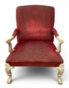 A large George I style painted library armchair raised on four shell carved cabriole supports. H.111