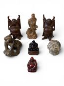 A mixed collection of vintage Chinese carved boxwood and hardstone figures together with a pre-