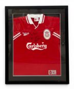 A vintage 1996–1998 Stan collymore signed Reebok Liverpool Football Club home shirt with Carlsberg
