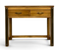 A contemporary hardwood console table with a plank top over two frieze drawers raised on straight