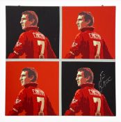A contemporary hand signed four-panel pop art style print of Eric Cantona in a Manchester United