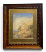 A 19th century watercolour of a Continental building in a coastal landscape. Framed and glazed. H.44