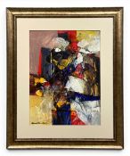 Mashkoor Raza (b.1950), a contemporary framed Cubist style figural oil on canvas. Signed bottom